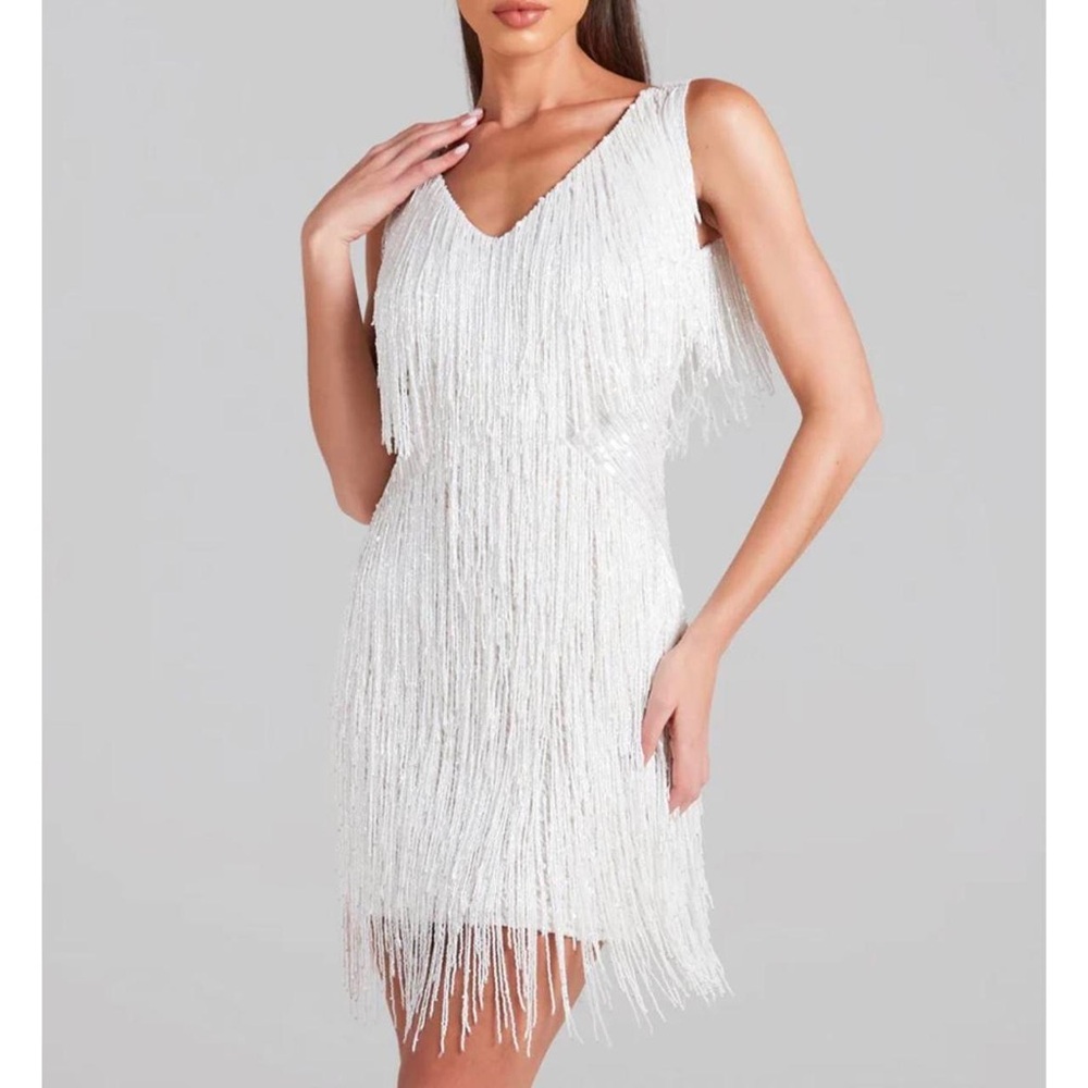 NADINE MERABI White Fringe Mini Dress